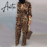 Leopard Tied Waist Long Sleeve Jumpsuit Women Rompers Fashion One Piece Overalls Casual Jumpsuits Streetwear Dropshipping Aiertu
