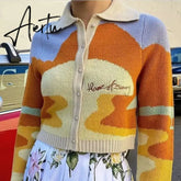 Letter Embroidery Harajuku Knitted Single Breasted Cropped Cardigan Women Autumn Long Sleeve Turn Down Collar Sweater Coat Aiertu