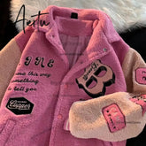 Aiertu Letter Embroidery Winter Clothes Women Jacket High Street Vintage Sherpa Coat Women Clothing Jackets Loose Jacket Women Tops Aiertu