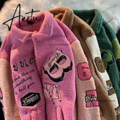 Aiertu Letter Embroidery Winter Clothes Women Jacket High Street Vintage Sherpa Coat Women Clothing Jackets Loose Jacket Women Tops Aiertu