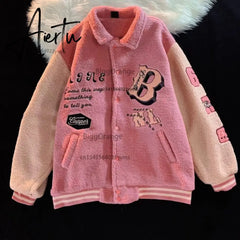 Letter Embroidery Winter Clothes Women Jacket High Street Vintage Sherpa Coat Women Clothing Jackets Loose Jacket Women Tops Aiertu