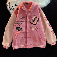 Aiertu Letter Embroidery Winter Clothes Women Jacket High Street Vintage Sherpa Coat Women Clothing Jackets Loose Jacket Women Tops Aiertu