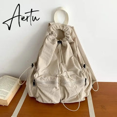 Light Drawstring Pocket Women Backpack Solid Color Nylon School Commuter Laptop Girls Bag Causal Korean Style Travel Backpack Aiertu
