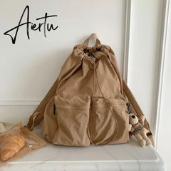 Light Drawstring Pocket Women Backpack Solid Color Nylon School Commuter Laptop Girls Bag Causal Korean Style Travel Backpack Aiertu