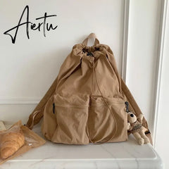 Light Drawstring Pocket Women Backpack Solid Color Nylon School Commuter Laptop Girls Bag Causal Korean Style Travel Backpack Aiertu