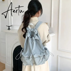 Light Drawstring Pocket Women Backpack Solid Color Nylon School Commuter Laptop Girls Bag Causal Korean Style Travel Backpack Aiertu