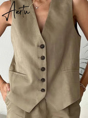 Linen V-neck Vest High Waist Shorts Sets Single Breasted Sleeveless Blazer Shorts 2 Pcs Set Women Fashion Commuter Suits Aiertu
