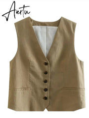 Linen V-neck Vest High Waist Shorts Sets Single Breasted Sleeveless Blazer Shorts 2 Pcs Set Women Fashion Commuter Suits Aiertu