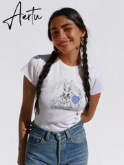 Linjiashop Fashion T-shirts girl high quality soft cotton fabric summer women tees streetwear easy fit femme vestidos Aiertu
