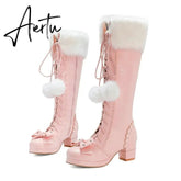 Lolita High Boots Winter Warm Fur Neck Girls Cosplay Party JK Princess Shoes Lace Up Bowtie Chunky Heel Side Zipper PU Leather Aiertu