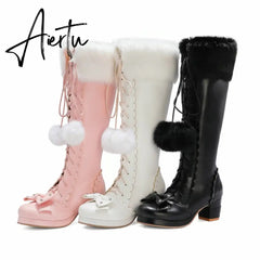 Lolita High Boots Winter Warm Fur Neck Girls Cosplay Party JK Princess Shoes Lace Up Bowtie Chunky Heel Side Zipper PU Leather Aiertu