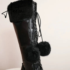 Lolita High Boots Winter Warm Fur Neck Girls Cosplay Party JK Princess Shoes Lace Up Bowtie Chunky Heel Side Zipper PU Leather Aiertu