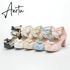 Lolita Japanese Pearl Bow Jk Sweet Cute Strap Super High Heeled Round Head Student Shoes Kawaii Girl Tea Party Cos Loli Vintage Aiertu