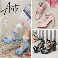 Lolita Japanese Pearl Bow Jk Sweet Cute Strap Super High Heeled Round Head Student Shoes Kawaii Girl Tea Party Cos Loli Vintage Aiertu