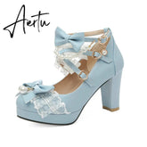 Lolita Japanese Pearl Bow Jk Sweet Cute Strap Super High Heeled Round Head Student Shoes Kawaii Girl Tea Party Cos Loli Vintage Aiertu