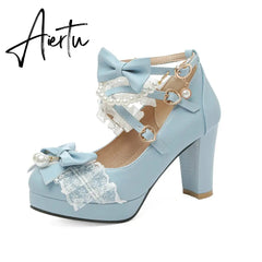 Lolita Japanese Pearl Bow Jk Sweet Cute Strap Super High Heeled Round Head Student Shoes Kawaii Girl Tea Party Cos Loli Vintage Aiertu