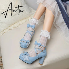 Lolita Japanese Pearl Bow Jk Sweet Cute Strap Super High Heeled Round Head Student Shoes Kawaii Girl Tea Party Cos Loli Vintage Aiertu