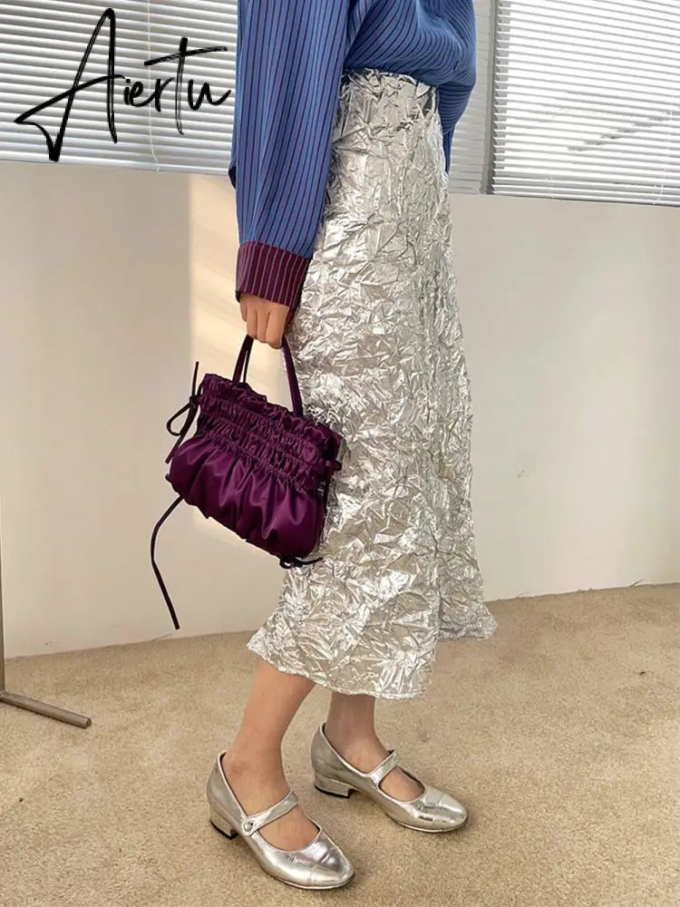 Long Silver Skirt For Women Summer Metallic High Fashion A Line Glitter Slit Midi Skirt Designer Clothes Aiertu