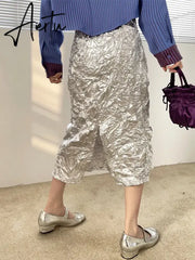 Long Silver Skirt For Women Summer Metallic High Fashion A Line Glitter Slit Midi Skirt Designer Clothes Aiertu