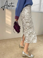 Long Silver Skirt For Women Summer Metallic High Fashion A Line Glitter Slit Midi Skirt Designer Clothes Aiertu
