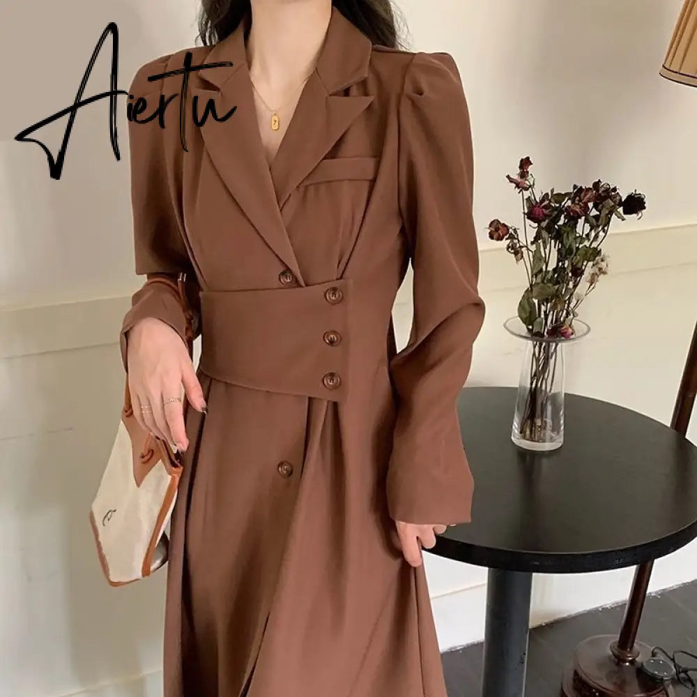 Long Sleeve Ladies Dress Women Autumn Formal French Retro Solid Korean Style Button-design Daily Office Lady Streetwear Fashion Aiertu