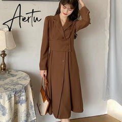 Long Sleeve Ladies Dress Women Autumn Formal French Retro Solid Korean Style Button-design Daily Office Lady Streetwear Fashion Aiertu