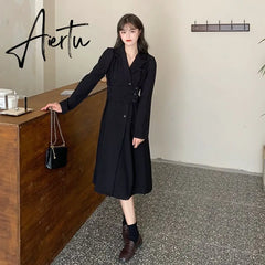 Long Sleeve Ladies Dress Women Autumn Formal French Retro Solid Korean Style Button-design Daily Office Lady Streetwear Fashion Aiertu