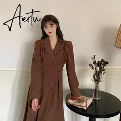 Long Sleeve Ladies Dress Women Autumn Formal French Retro Solid Korean Style Button-design Daily Office Lady Streetwear Fashion Aiertu