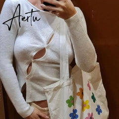 Long Sleeve Spring Autumn Knitted Women Tops Sweaters T-Shirts Elegant Hollow Out Top Tees Streetwear Y2K Clothes Aiertu