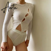 Long Sleeve Spring Autumn Knitted Women Tops Sweaters T-Shirts Elegant Hollow Out Top Tees Streetwear Y2K Clothes Aiertu