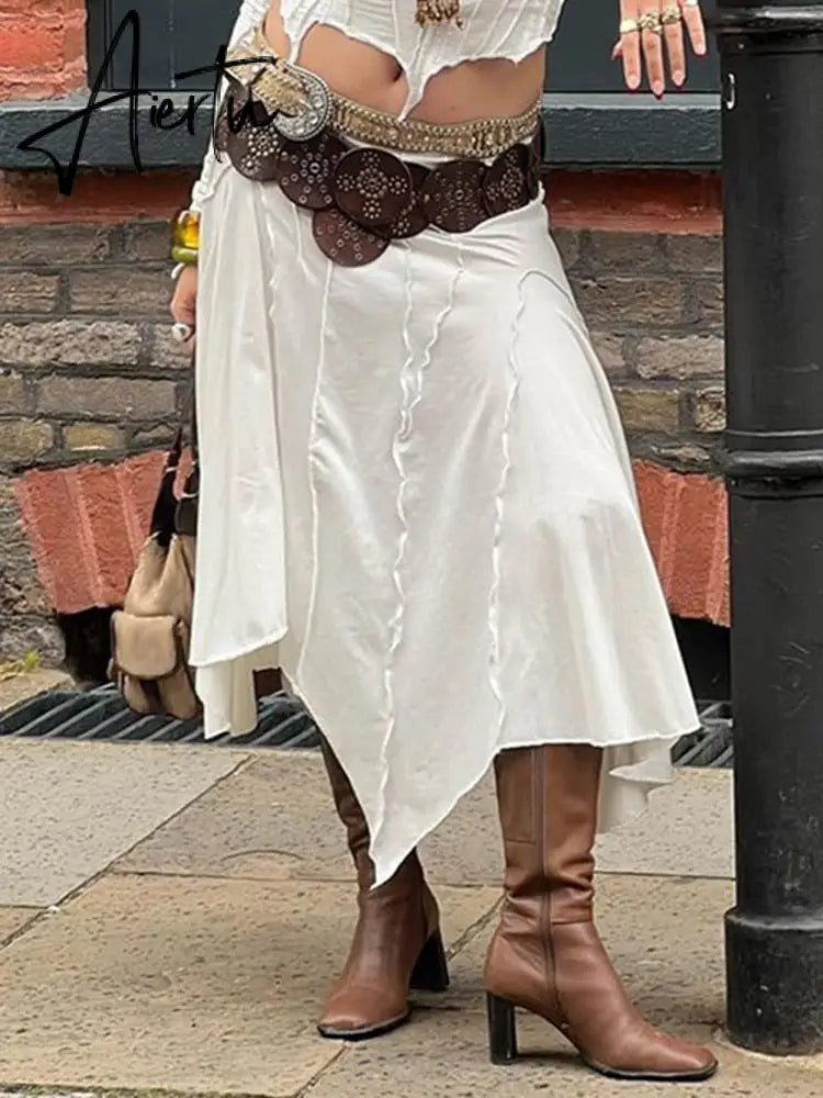 Loose Chic Irregular White Skirt Streetwear Elegant Stitched Summer Midi Skirts For Women Japanese y2k Aesthetic Outfits Aiertu