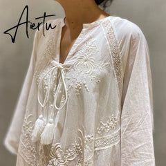 Loose Embroidery White Lace V-Neck Long Beach Dress Summer Boho Women Maxi Dress Elegant Dress Holiday Women Clothing Aiertu