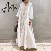 Loose Embroidery White Lace V-Neck Long Beach Dress Summer Boho Women Maxi Dress Elegant Dress Holiday Women Clothing Aiertu