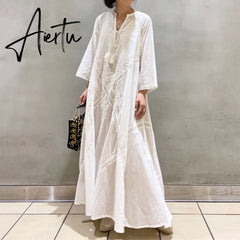 Loose Embroidery White Lace V-Neck Long Beach Dress Summer Boho Women Maxi Dress Elegant Dress Holiday Women Clothing Aiertu