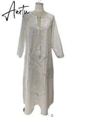 Loose Embroidery White Lace V-Neck Long Beach Dress Summer Boho Women Maxi Dress Elegant Dress Holiday Women Clothing Aiertu