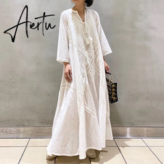 Loose Embroidery White Lace V-Neck Long Beach Dress Summer Boho Women Maxi Dress Elegant Dress Holiday Women Clothing Aiertu