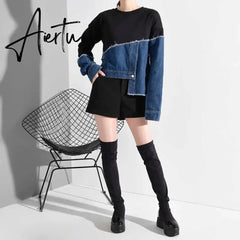 Loose Fit Denim Burr Split Asymmetrical Sweatshirt New Round Neck Long Sleeve Women Big Size Fashion Spring 1M87901 Aiertu