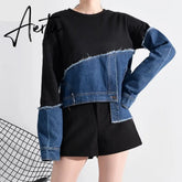 Loose Fit Denim Burr Split Asymmetrical Sweatshirt New Round Neck Long Sleeve Women Big Size Fashion Spring 1M87901 Aiertu