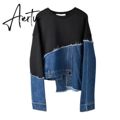 Loose Fit Denim Burr Split Asymmetrical Sweatshirt New Round Neck Long Sleeve Women Big Size Fashion Spring 1M87901 Aiertu