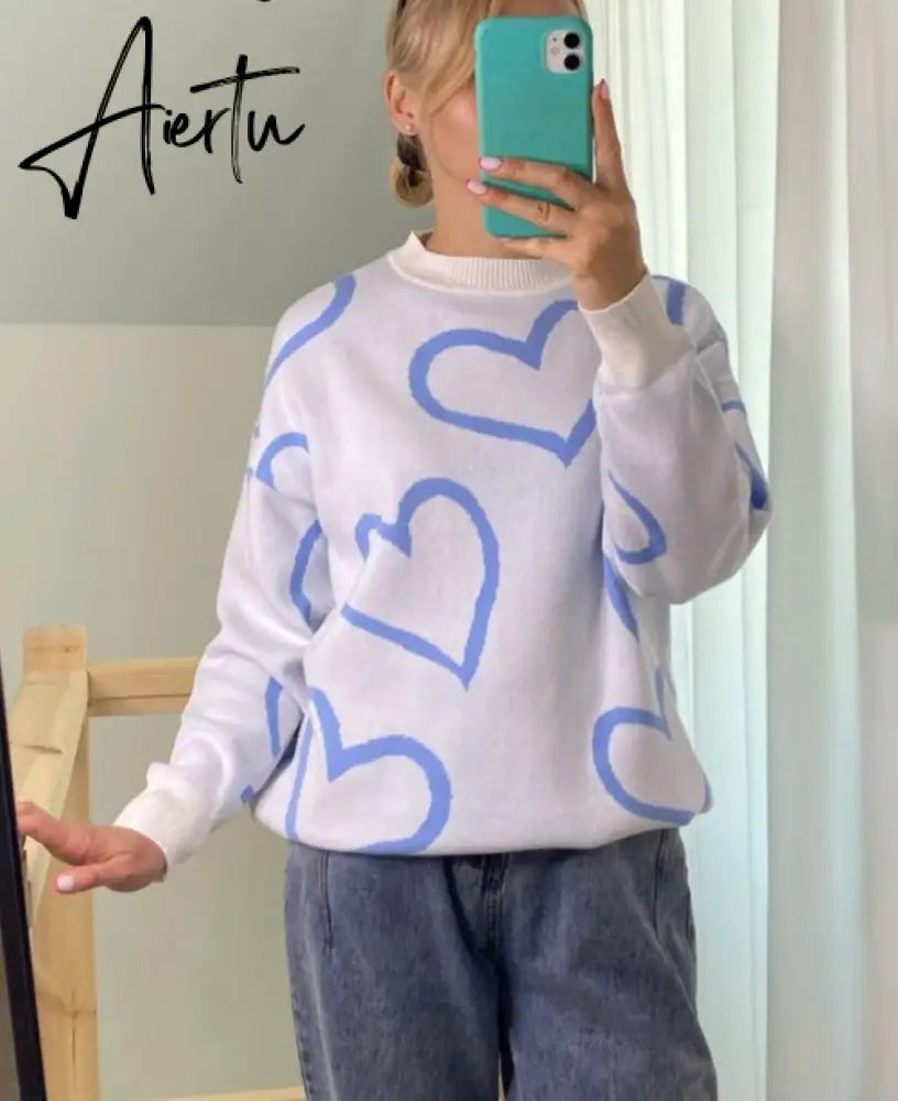 Loose Heart Contrast Color Sweater Oversize Women Autumn Winter Knitted Pullovers Oversized Sweaters For Women Aiertu