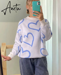 Loose Heart Contrast Color Sweater Oversize Women Autumn Winter Knitted Pullovers Oversized Sweaters For Women Aiertu
