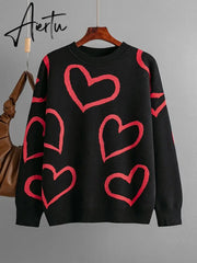 Loose Heart Contrast Color Sweater Oversize Women Autumn Winter Knitted Pullovers Oversized Sweaters For Women Aiertu