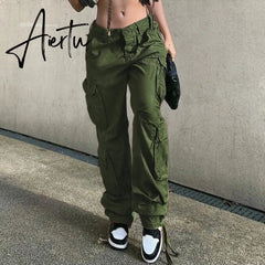 Loose low waist retro multi pocket denim pants street cargo pants denim joggers Casual Wild style Aiertu