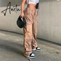 Loose low waist retro multi pocket denim pants street cargo pants denim joggers Casual Wild style Aiertu