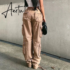 Loose low waist retro multi pocket denim pants street cargo pants denim joggers Casual Wild style Aiertu