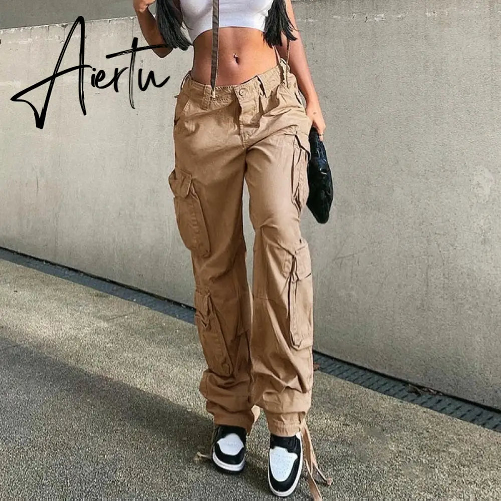 Loose low waist retro multi pocket denim pants street cargo pants denim joggers Casual Wild style Aiertu