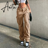 Loose low waist retro multi pocket denim pants street cargo pants denim joggers Casual Wild style Aiertu