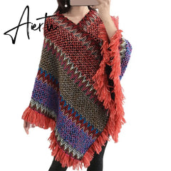 Loose Women Cape Coat Boho Knitted Tassel V Neck Colorful Irregular Hem Autumn Winter Ladies Coat Sweater Cloak Jacket Sweater Aiertu