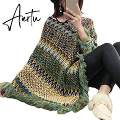 Loose Women Cape Coat Boho Knitted Tassel V Neck Colorful Irregular Hem Autumn Winter Ladies Coat Sweater Cloak Jacket Sweater Aiertu
