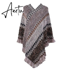 Loose Women Cape Coat Boho Knitted Tassel V Neck Colorful Irregular Hem Autumn Winter Ladies Coat Sweater Cloak Jacket Sweater Aiertu